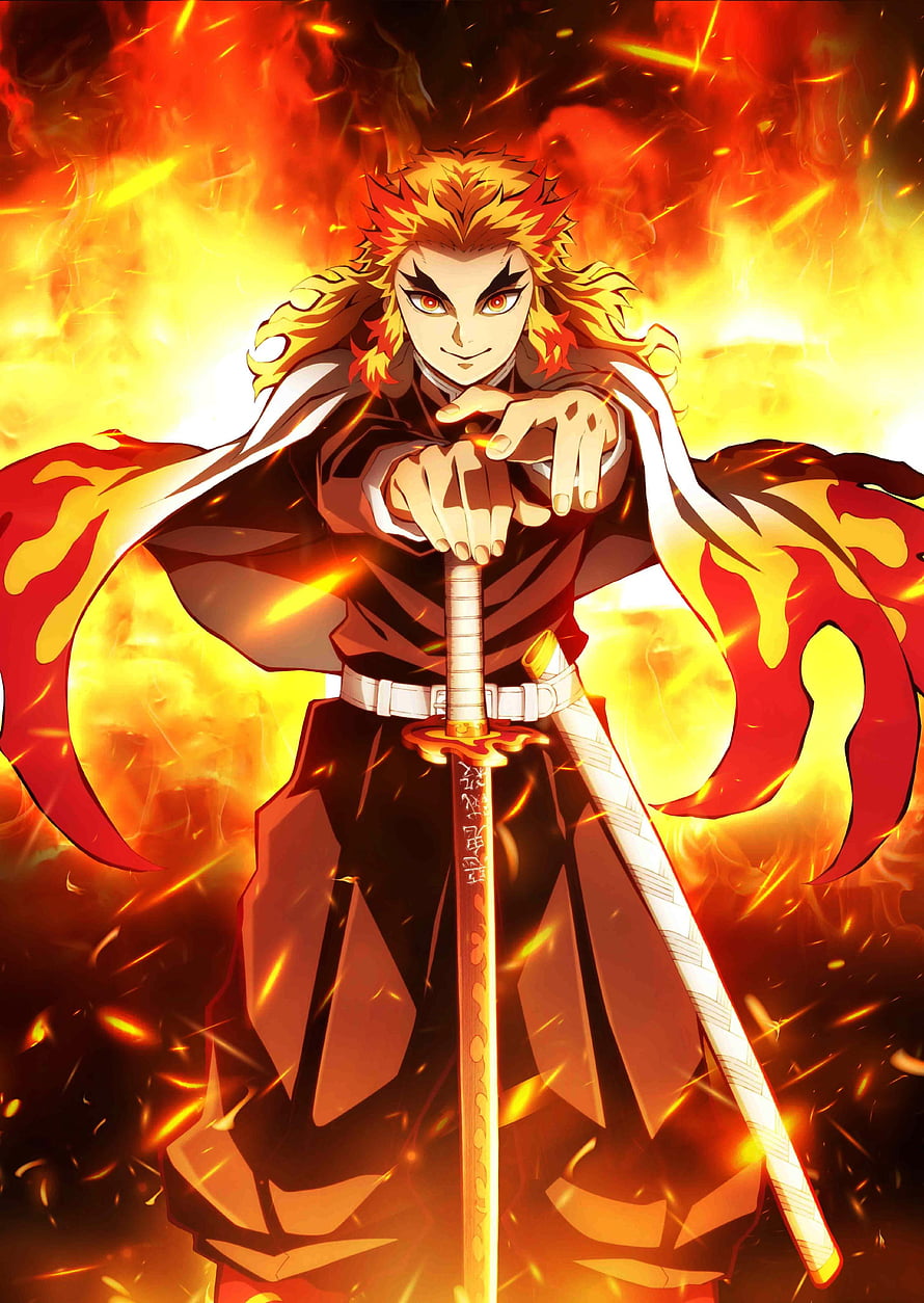 Rengoku Kyojuro from Demon Slayer wielding his sword surrounded by intense flames and fire breathing effects HD phone wallpaper
