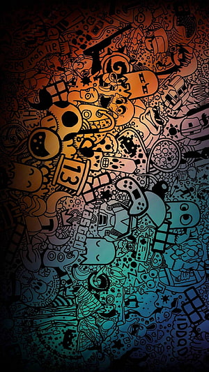 Intricate Halloween Doodle Art with Creepy Characters and Retro Gaming Elements HD phone wallpaper