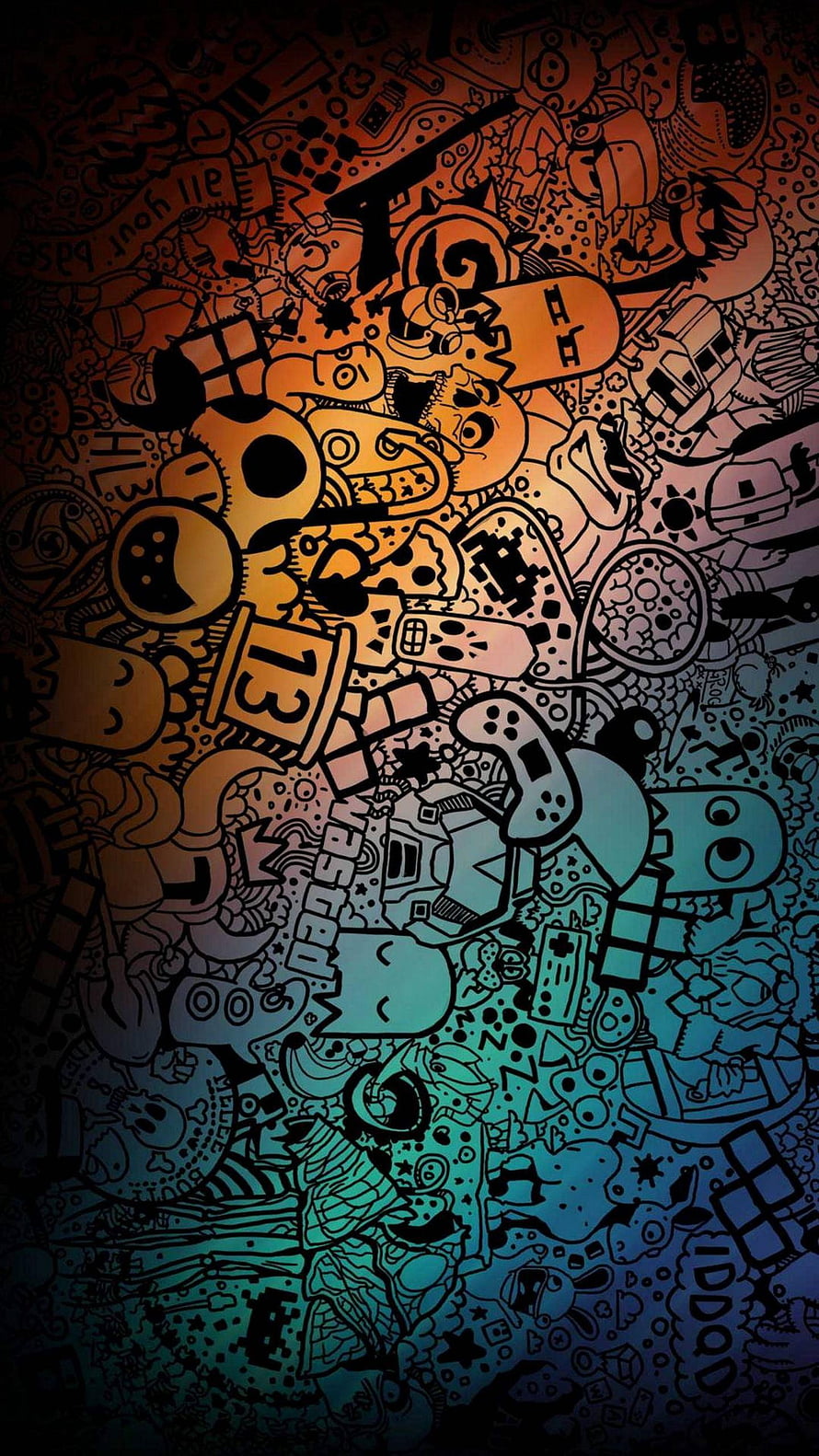 Intricate Halloween Doodle Art with Creepy Characters and Retro Gaming Elements HD phone wallpaper