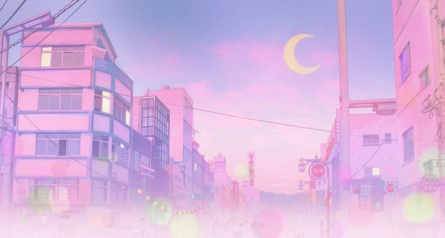 Dreamy Pink Anime Cityscape with Crescent Moon and Soft Pastel Sky HD wallpaper