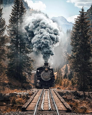 Vintage Steam Locomotive Billowing Smoke Through Mountain Forest Railway HD phone wallpaper