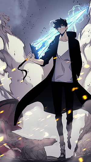 Anime Male Character Wielding Glowing Blue Energy Sword in Dark Fantasy Battle Scene HD phone wallpaper