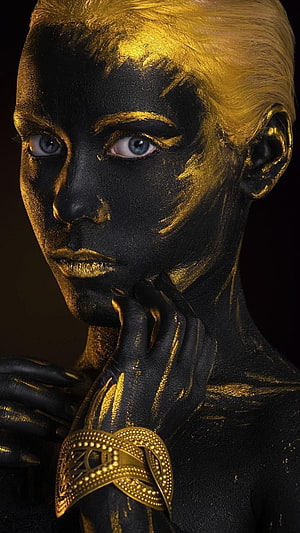 Black and Gold Body Paint Portrait with Intricate Metallic Makeup and Ornate Cuff HD phone wallpaper