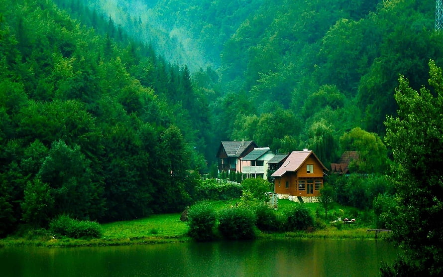Serene Lakeside Cottages Nestled in Lush Green Forest Valley HD wallpaper