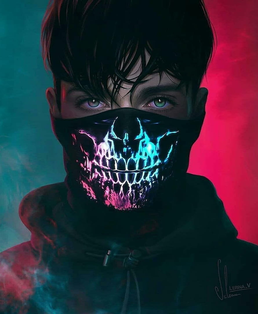 Portrait of a hooded figure wearing a glowing neon skull mask with cyberpunk lighting HD phone wallpaper