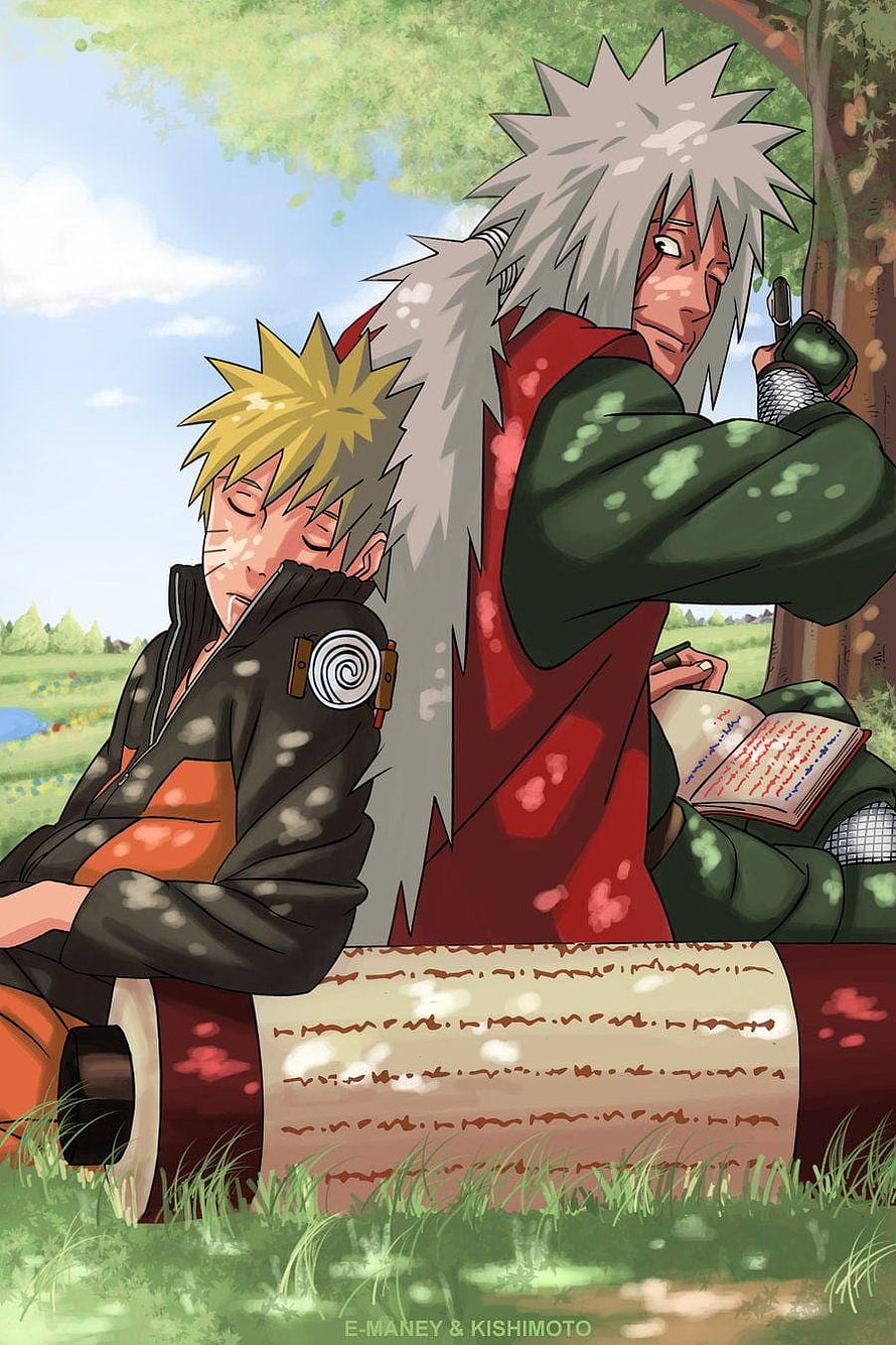 Naruto and Jiraiya relaxing in a sunny forest clearing, anime art HD phone wallpaper