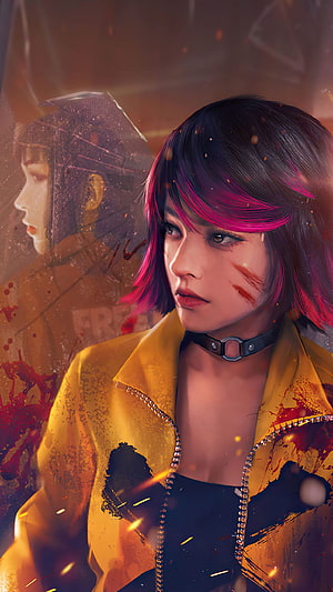 Kelly from Garena Free Fire in a yellow jacket with pink hair and battle scars HD phone wallpaper
