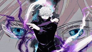 Gojo Satoru Anime Character with Purple Energy and Blue Eyes in Black Uniform HD wallpaper