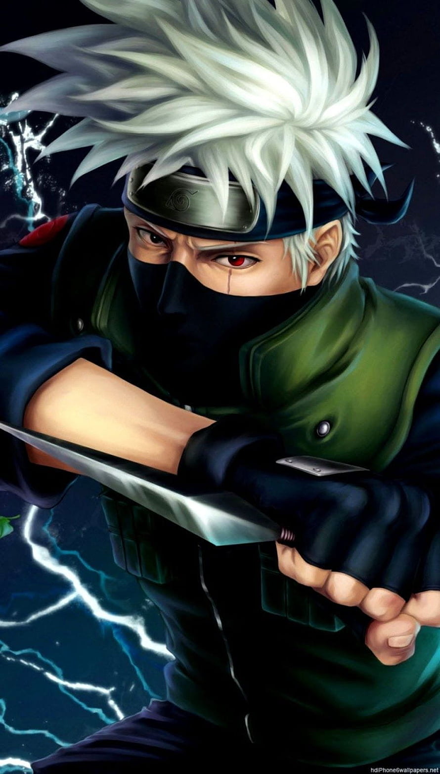 Kakashi Hatake from Naruto wielding a kunai with lightning effects in the background HD phone wallpaper