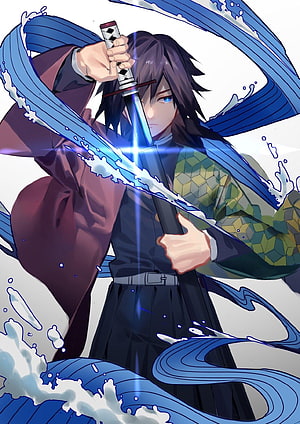 Tomioka Giyuu Wielding Water Breathing Sword in Demon Slayer Anime Art HD phone wallpaper