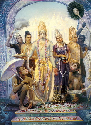 Raja Ravi Varma's classic painting of Lord Rama with Sita, Hanuman, and Lakshmana in the Ramayana, lord rama, ram mandir HD phone wallpaper