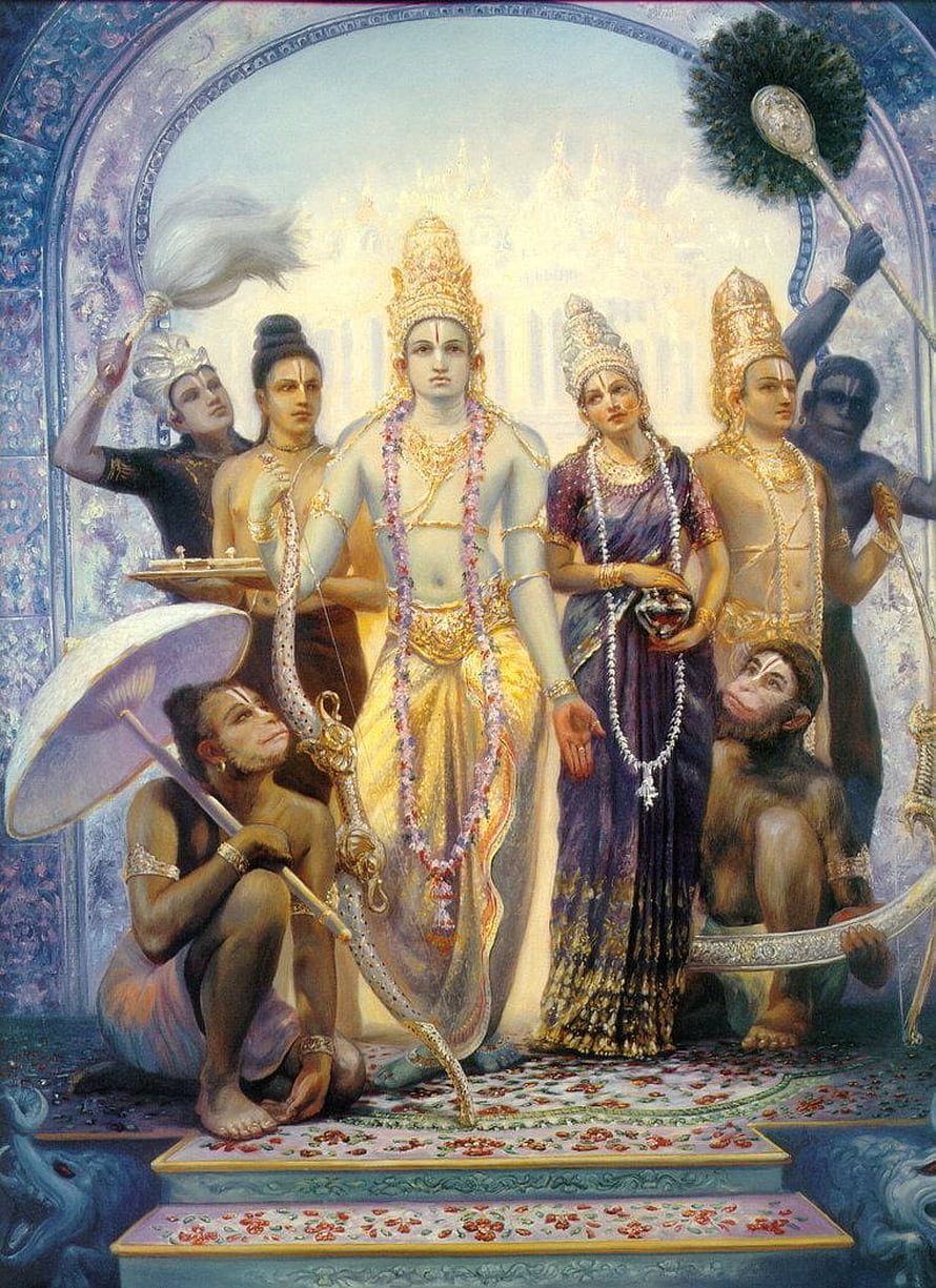 Raja Ravi Varma's classic painting of Lord Rama with Sita, Hanuman, and Lakshmana in the Ramayana, lord rama, ram mandir HD phone wallpaper
