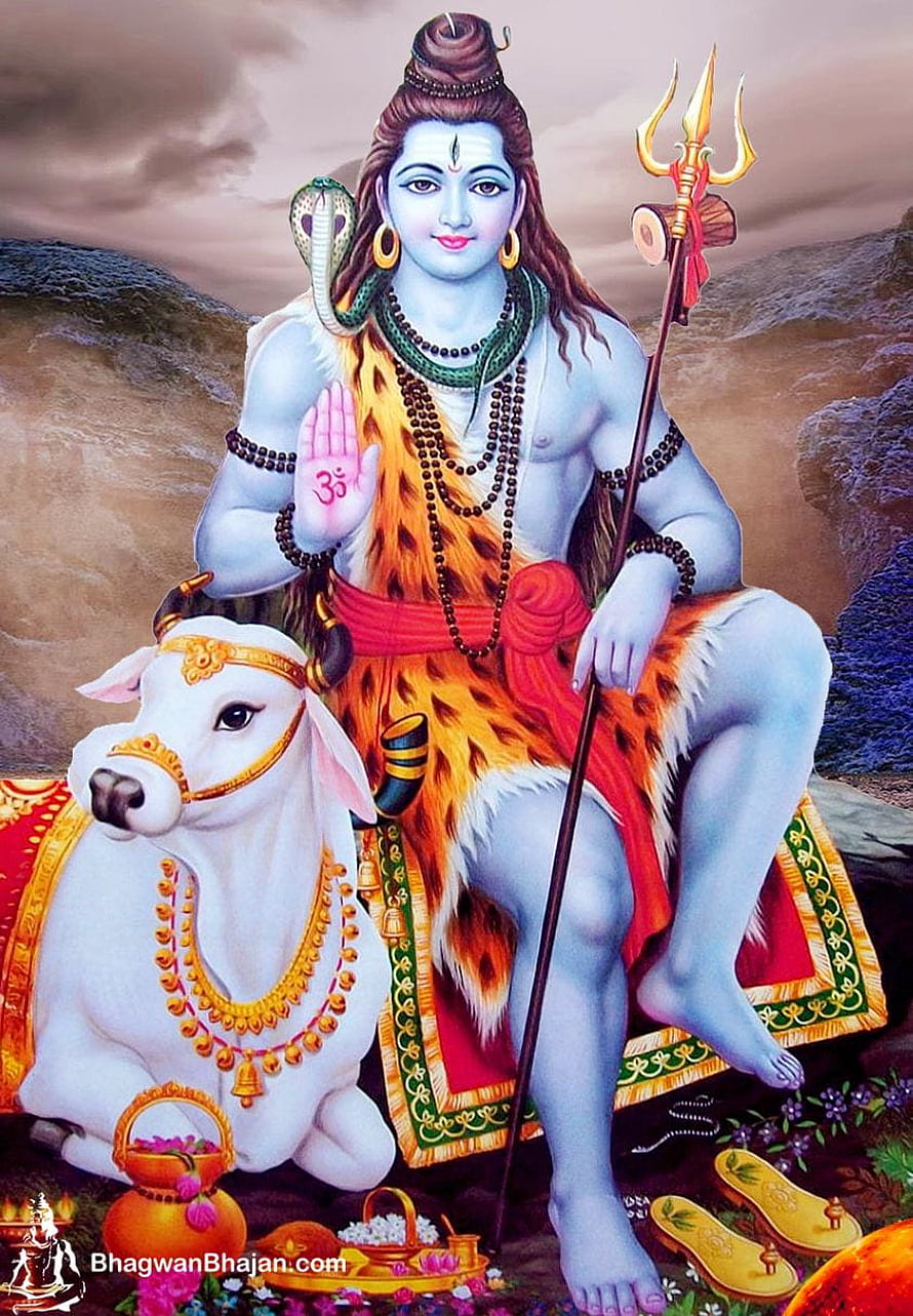 Lord Shiva Sitting With Nandi Bull And Trishul In Mountain Landscape HD phone wallpaper