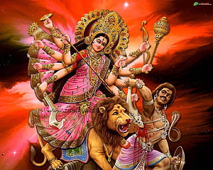 Maa Durga Riding Lion Slaying Demon Mahishasura Hindu Goddess Wallpaper HD wallpaper