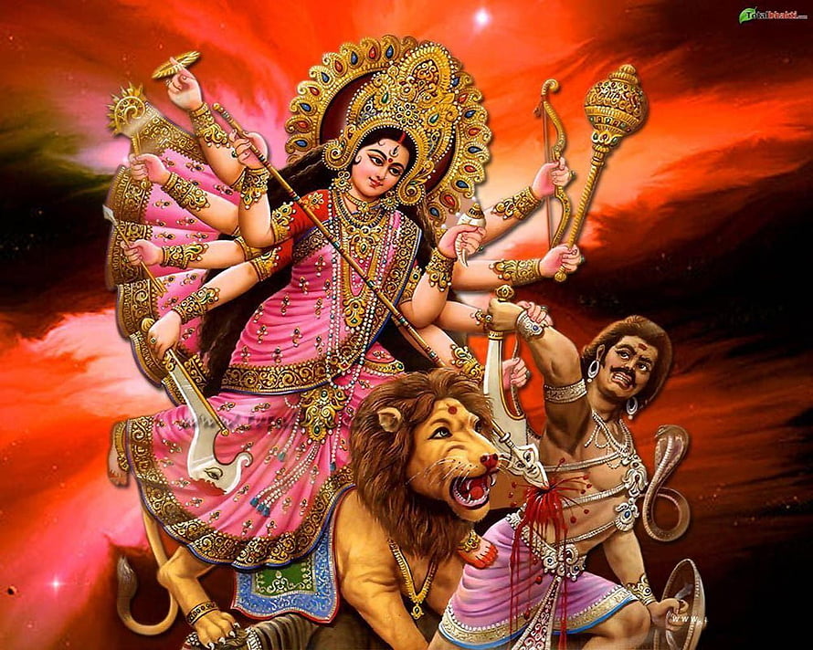 Maa Durga Riding Lion Slaying Demon Mahishasura Hindu Goddess Wallpaper HD wallpaper