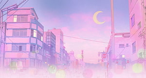 Dreamy Pink Anime City Street With Crescent Moon And Bokeh Lights HD wallpaper