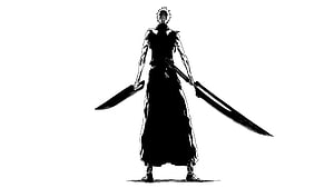 Bleach Manga Character Silhouette Holding Dual Swords in Black and White HD wallpaper