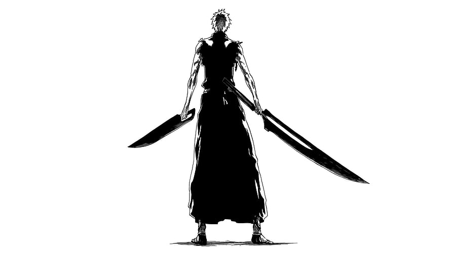 Bleach Manga Character Silhouette Holding Dual Swords in Black and White HD wallpaper