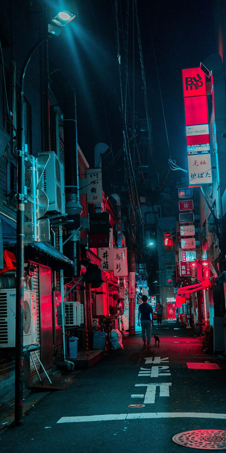 Neon-lit Japanese alleyway at night with vibrant red and blue signage, a lone figure walking a dog, and atmospheric urban street photography HD phone wallpaper