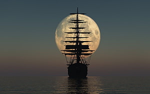 Silhouette of a Tall Ship Sailing Before a Giant Full Moon on Calm Ocean Waters HD wallpaper