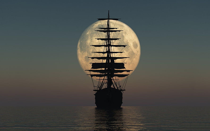 Silhouette of a Tall Ship Sailing Before a Giant Full Moon on Calm Ocean Waters HD wallpaper