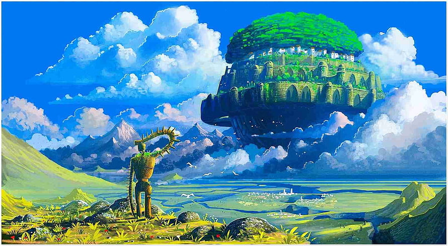 Studio Ghibli Style Floating Island Landscape With Mossy Golem Statue HD wallpaper