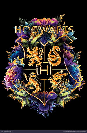 Hogwarts Crest with Floral Wreath and Golden House Symbols HD phone wallpaper