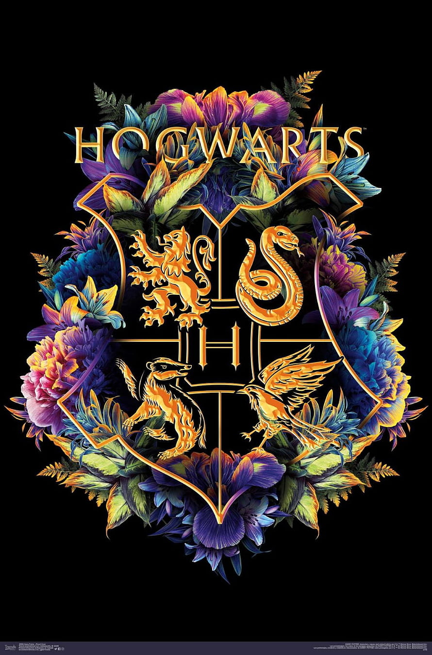 Hogwarts Crest with Floral Wreath and Golden House Symbols HD phone wallpaper