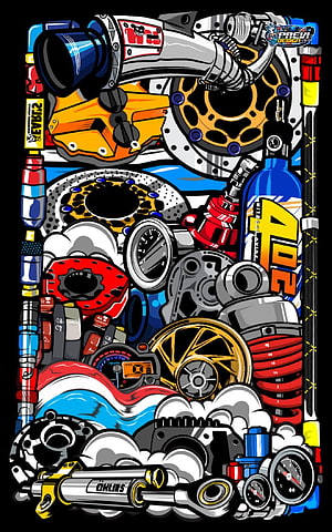 Vibrant Pop Art Illustration of Motorcycle Engine Parts, Suspension, and Racing Components HD phone wallpaper