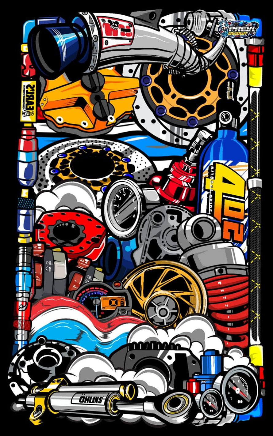 Vibrant Pop Art Illustration of Motorcycle Engine Parts, Suspension, and Racing Components HD phone wallpaper