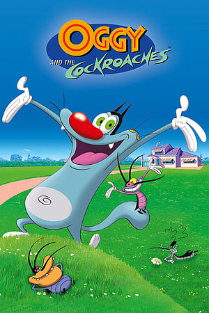 Oggy and the Cockroaches animated series poster featuring Oggy, Dee Dee, Marky, and Joey in a grassy yard HD phone wallpaper