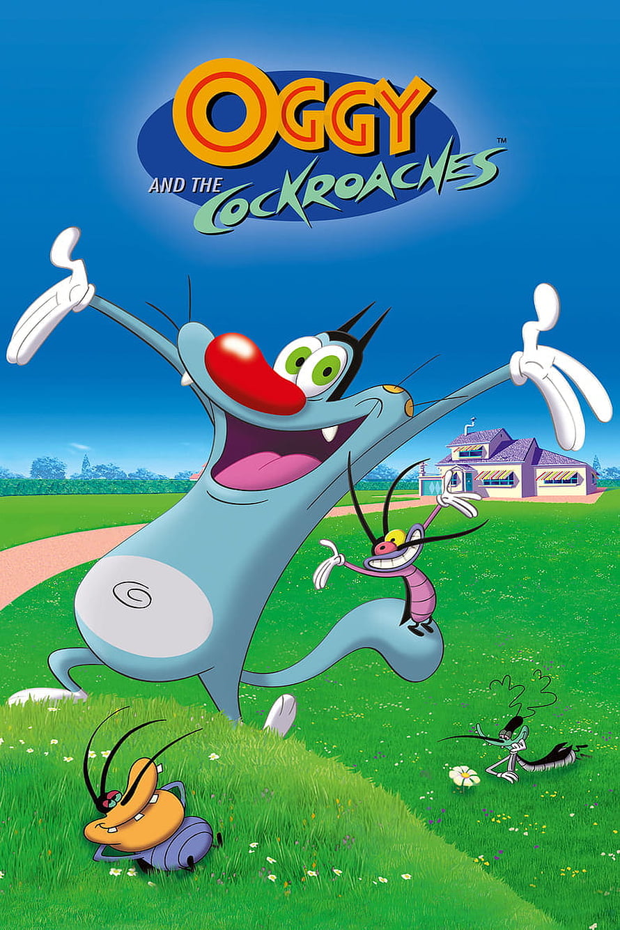 Oggy and the Cockroaches animated series poster featuring Oggy, Dee Dee, Marky, and Joey in a grassy yard HD phone wallpaper