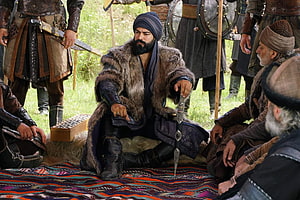 Kurulus Osman Season 3: Central Leader in Fur Cloak and Turban Surrounded by Warriors, Kurulus: Osman, kurulus osman season 3 HD wallpaper
