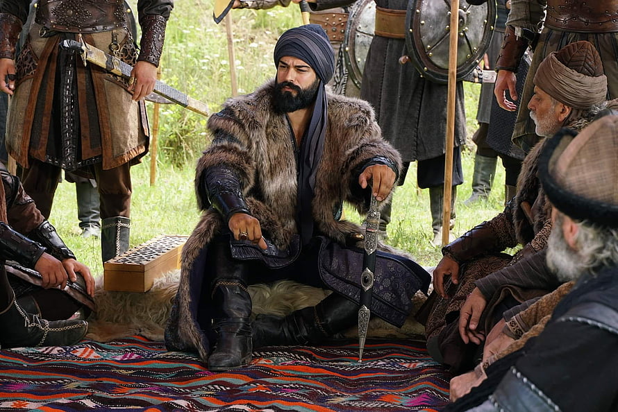 Kurulus Osman Season 3: Central Leader in Fur Cloak and Turban Surrounded by Warriors, Kurulus: Osman, kurulus osman season 3 HD wallpaper