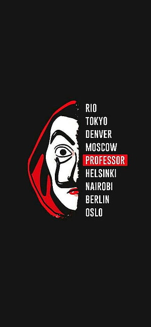 Money Heist Professor Character Portrait with Global City Names on Black Background HD phone wallpaper
