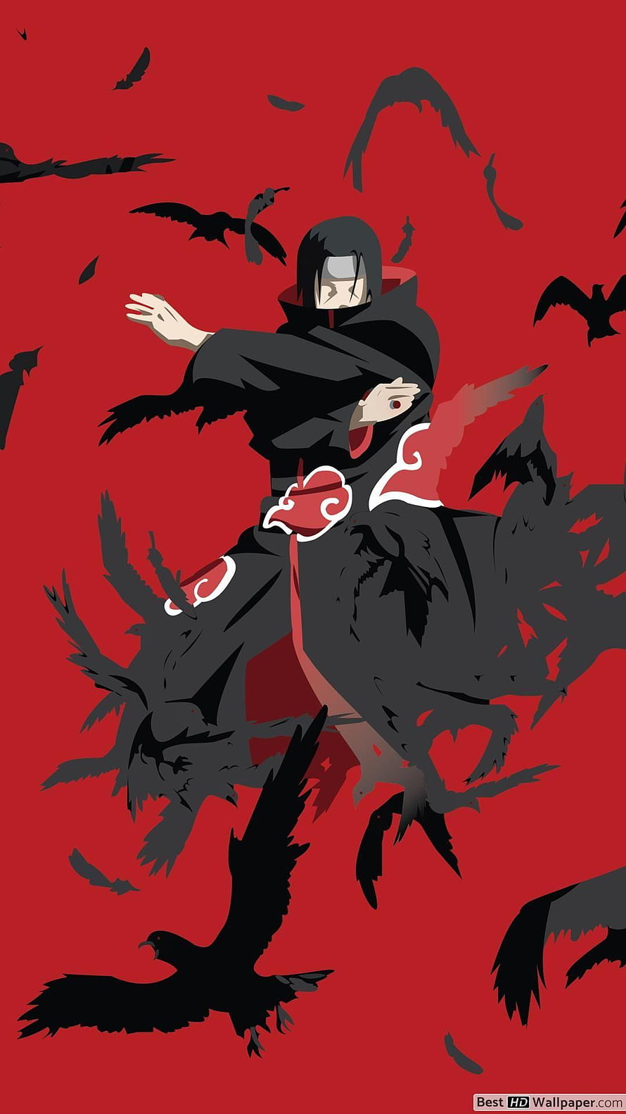 Itachi Uchiha Anime Character With Crows And Akatsuki Cloak On Red Background HD phone wallpaper