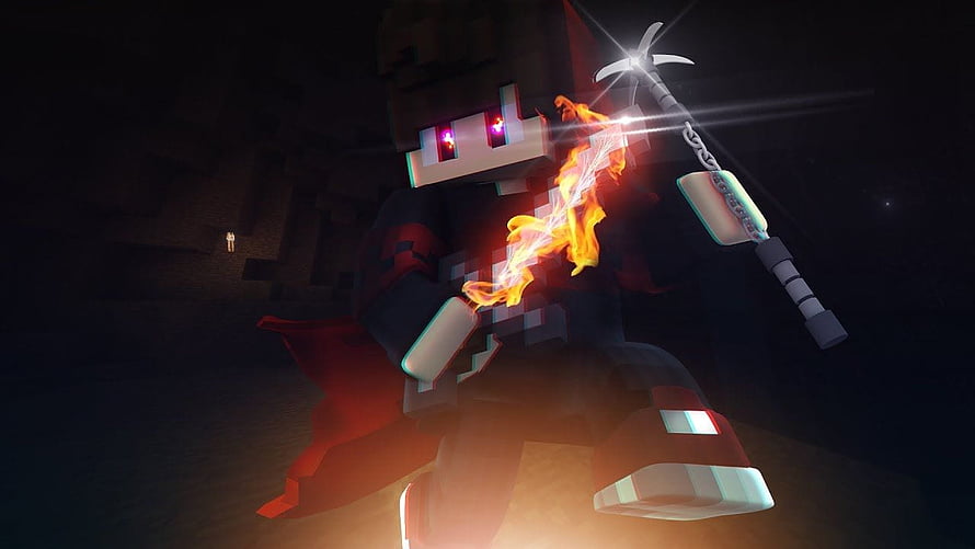 Minecraft Wither Skeleton Warrior with Glowing Red Eyes and Flaming Sword in Dark Cave HD wallpaper