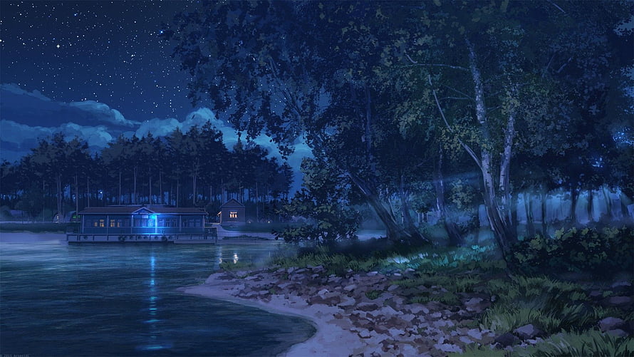 Serene Night Lake Scene With Glowing House And Starry Sky HD wallpaper
