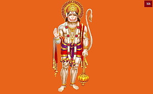 Lord Hanuman Digital Art Illustration With Golden Mace And Orange Background, Bajrang Dal, bhajarangi HD wallpaper