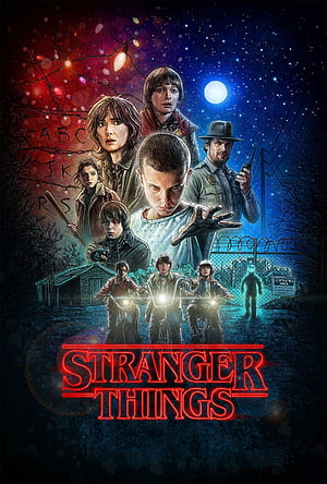 Stranger Things Season 4 Character Poster with Neon Logo and Night Sky HD phone wallpaper