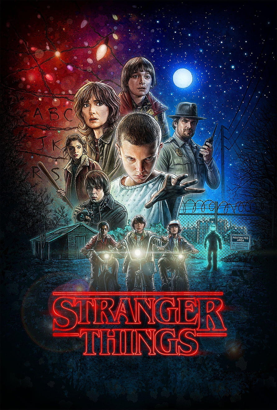 Stranger Things Season 4 Character Poster with Neon Logo and Night Sky HD phone wallpaper