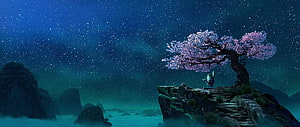Totoro sitting under a glowing cherry blossom tree on a cliff at night with a starry sky HD wallpaper