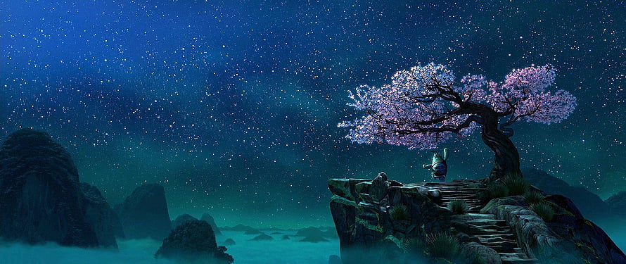 Totoro sitting under a glowing cherry blossom tree on a cliff at night with a starry sky HD wallpaper