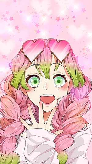 Mitsuri Kanroji from Demon Slayer Wearing Heart-Shaped Sunglasses in a Sparkling Pink Scene HD phone wallpaper