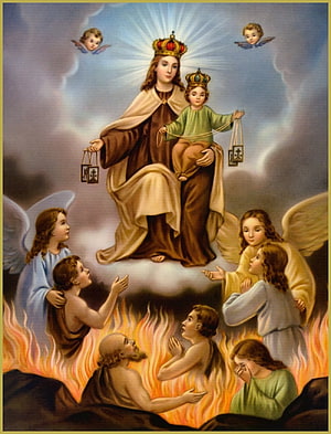 Our Lady of Mount Carmel with Child and Angels Interceding Over Souls in Flames HD phone wallpaper