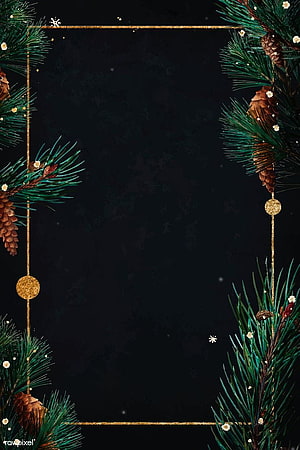 Elegant Christmas Frame with Pine Branches, Pinecones, and Gold Accents on Black Background HD phone wallpaper
