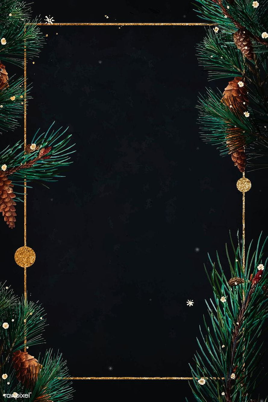 Elegant Christmas Frame with Pine Branches, Pinecones, and Gold Accents on Black Background HD phone wallpaper