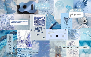 Blue Aesthetic Mood Board Collage With Ukulele, Jellyfish, and Inspirational Quotes HD wallpaper
