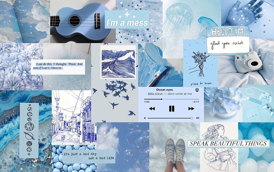 Blue Aesthetic Mood Board Collage With Ukulele, Jellyfish, and Inspirational Quotes HD wallpaper