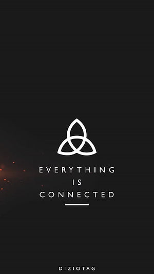 Minimalist Triquetra Symbol with Everything Is Connected Quote on Dark Background HD phone wallpaper
